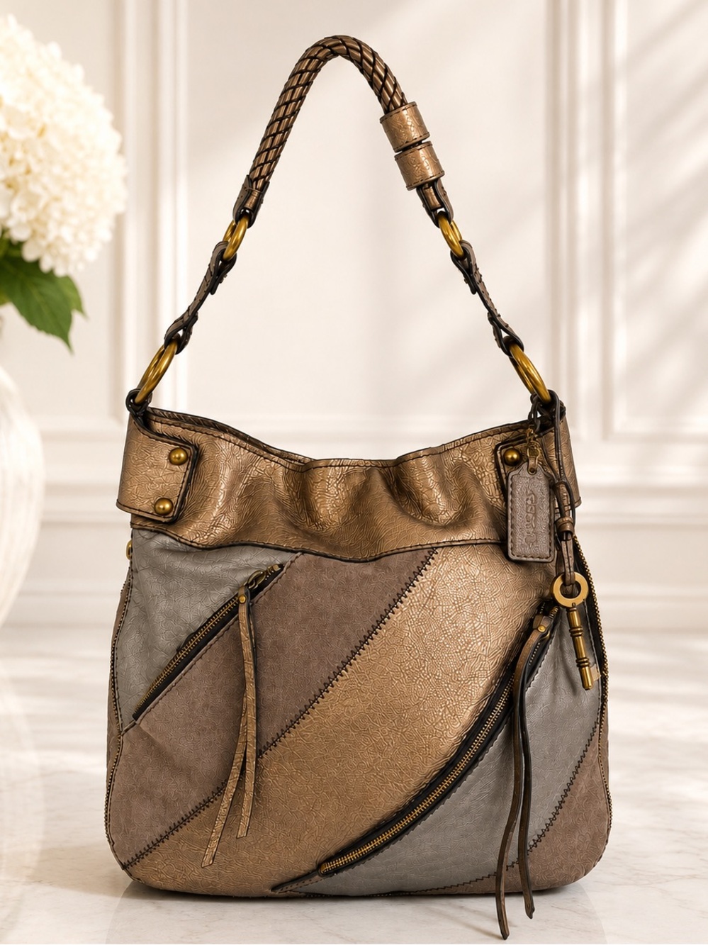 Vintage Y2K Fossil Fifty Four Metallic Leather Patchwork Hobo Shoulder Bag